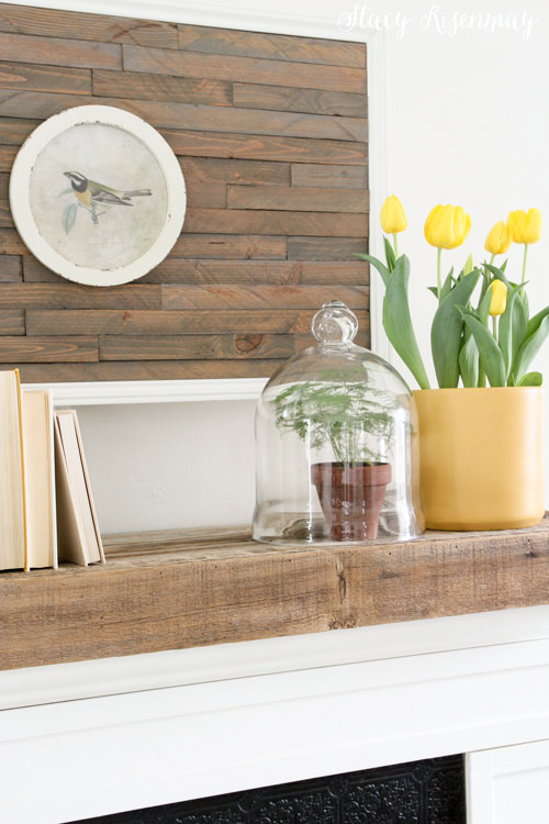 yellow planter and tulips on mantel