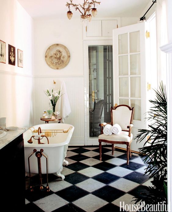 classic black and white checkered tile in bathroom