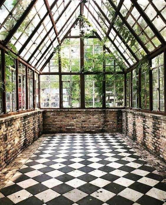 greenhouse with black and white checkerboard pattern tile